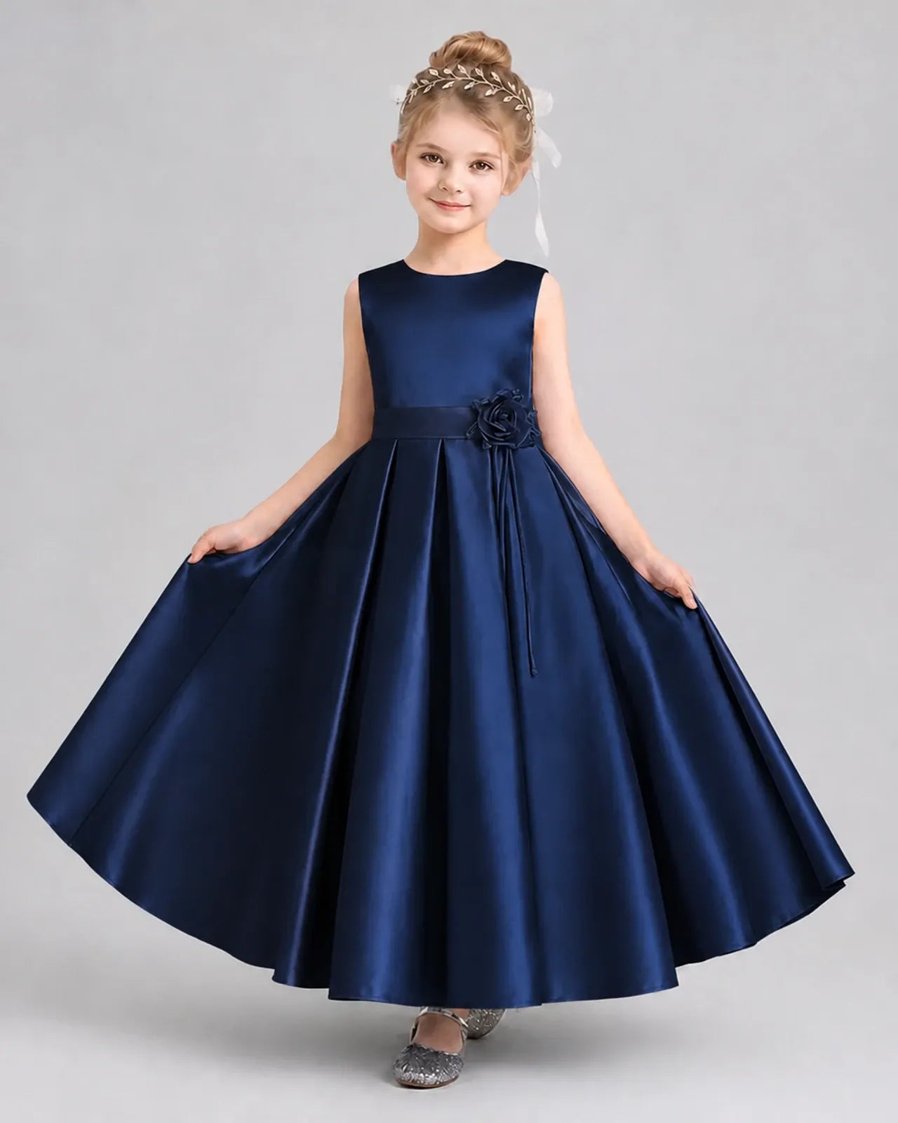 Navy Blue Satin A-Line Girls Formal Dresses Front View
