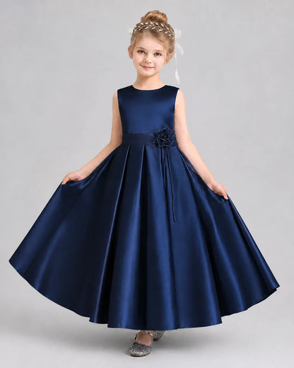 Navy Blue Satin A-Line Girls Formal Dresses Front View