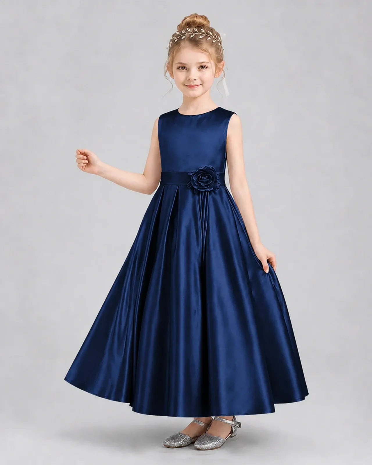 Navy Blue Satin A-Line Girls Formal Dresses