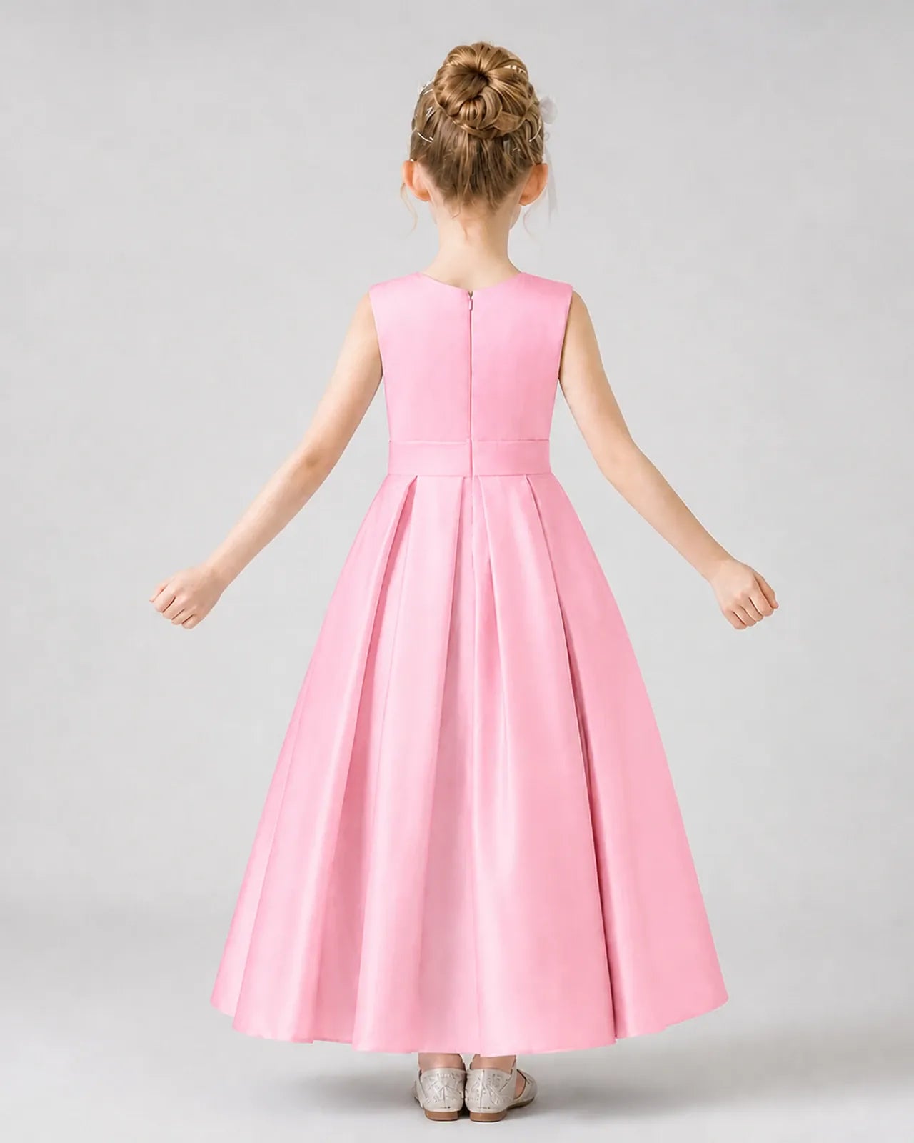 Pink satin sleeveless pleated girls formal dress Back View
