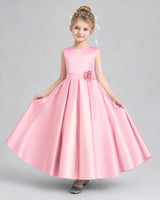 Pink Satin Pleated A-Line Girls Formal Dresses Front View