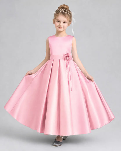 Pink Satin Pleated A-Line Girls Formal Dresses Front View