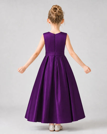 Purple Satin Pleated A-Line Girls Formal Dresses Back View