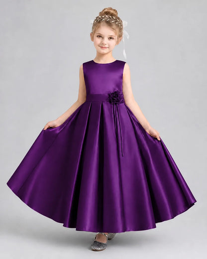 Purple Satin A-Line Girls Formal Dresses Front View