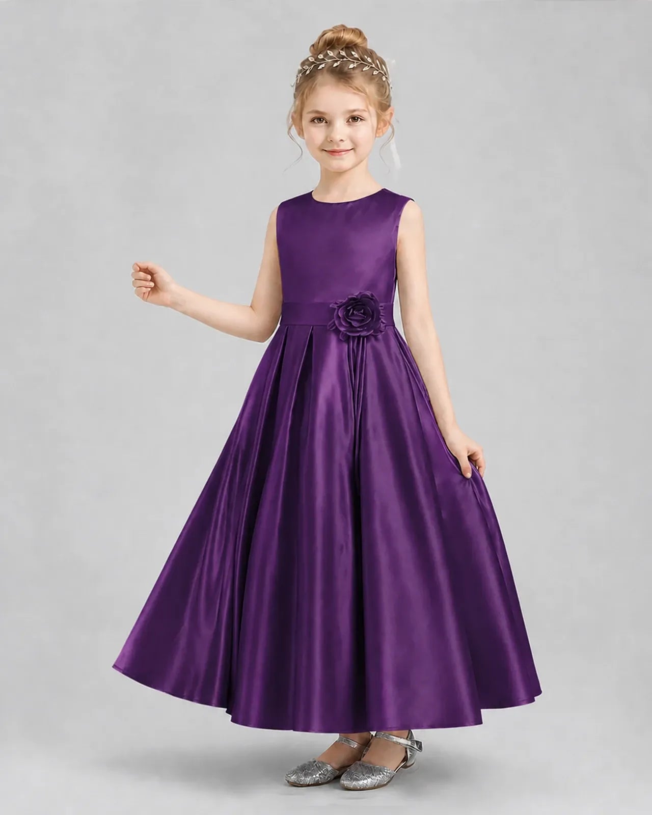 Purple Satin Pleated A-Line Girls Formal Dresses Front View