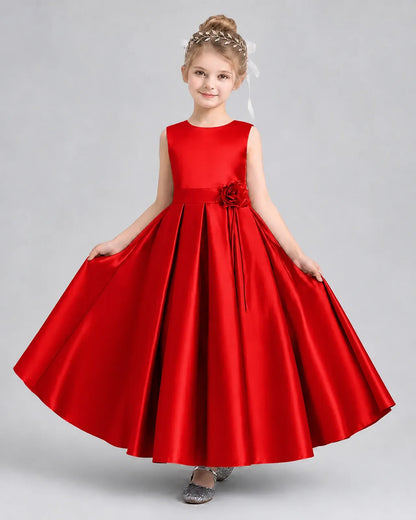 Red Satin A-Line Girls Formal Dresses Front View