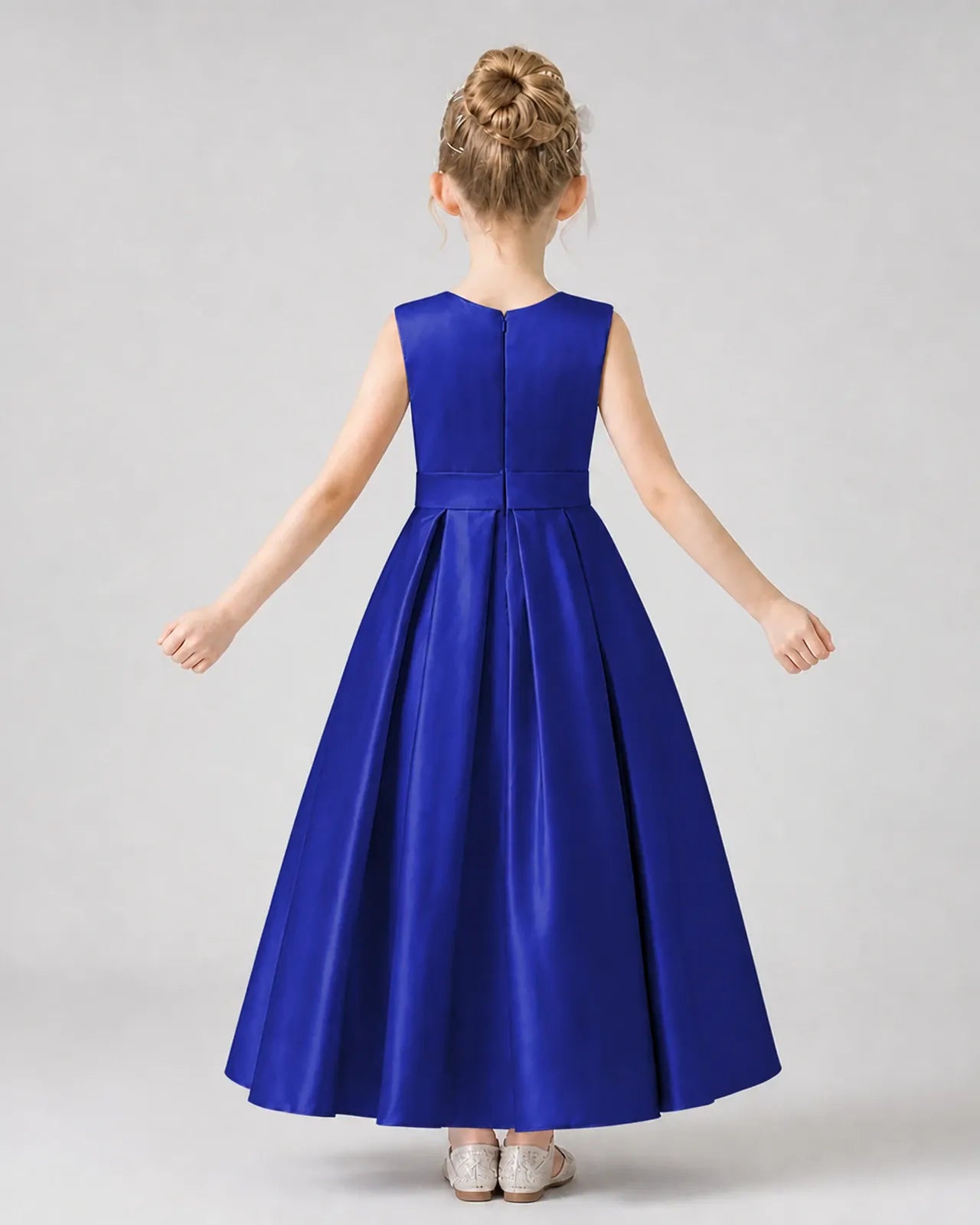 Royal Blue Satin Pleated Girls Formal Dresses Back View