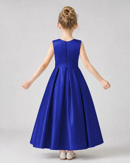 Royal Blue Satin Pleated Girls Formal Dresses Back View