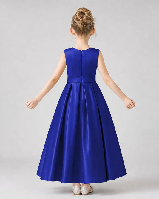 Royal Blue Satin Pleated Girls Formal Dresses Back View