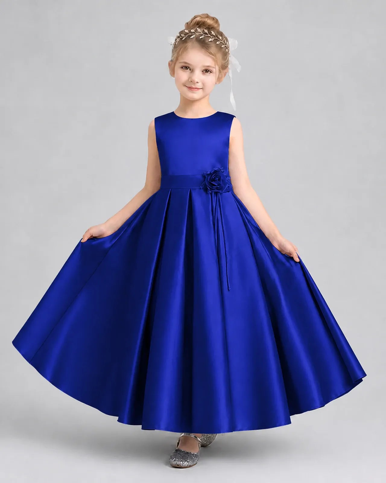 Royal Blue Satin Pleated A-Line Girls Formal Dresses Front View