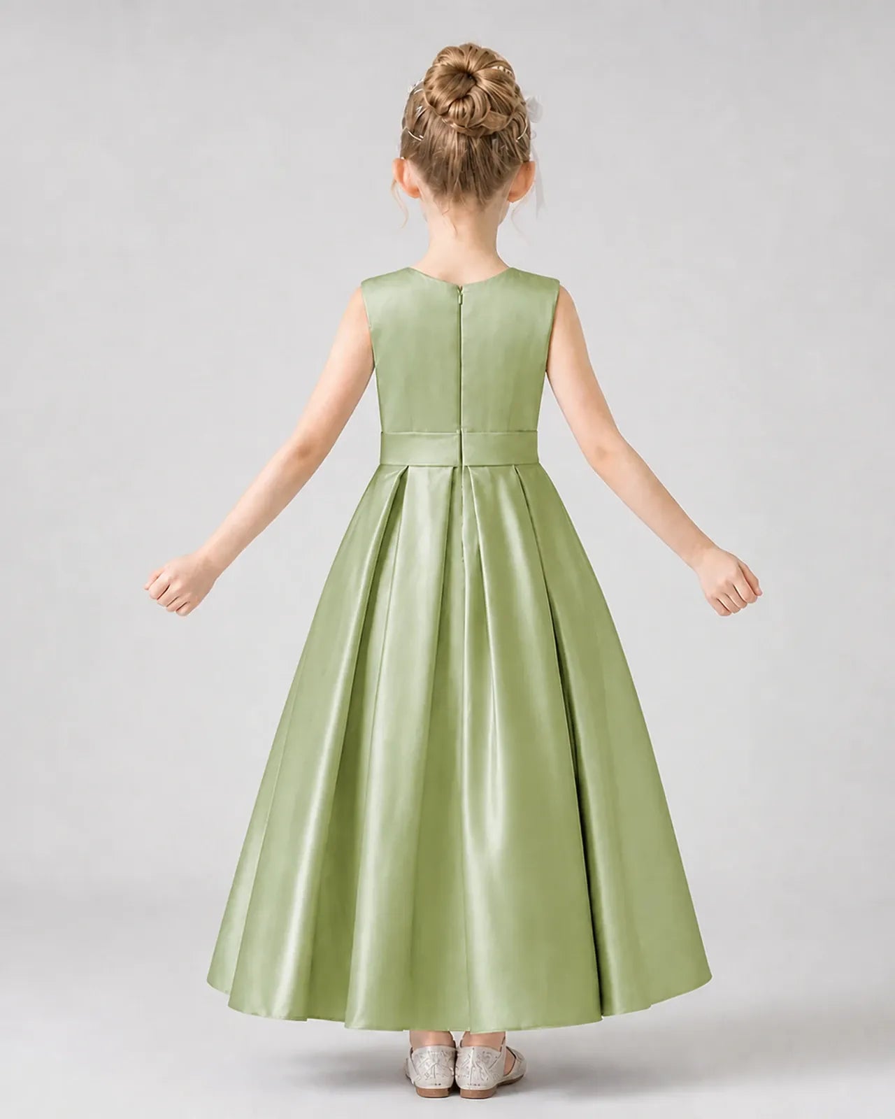 Sage green satin sleeveless pleated a-line girls formal dress Back View