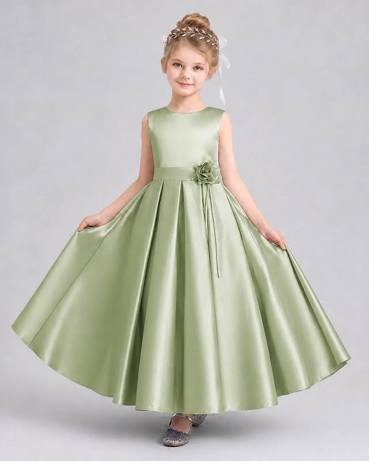 Sage Green Satin Pleated Girls Formal Dresses Front View