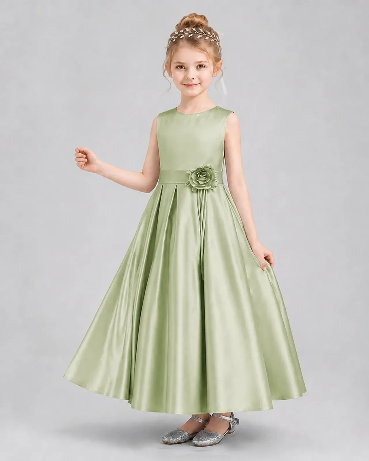 Sage Green Satin Pleated A-Line Girls Formal Dresses