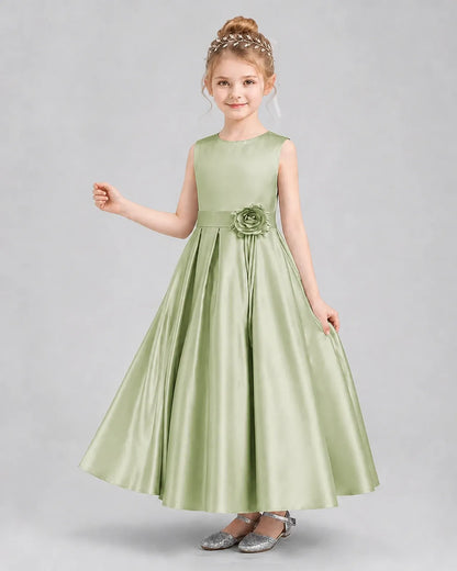 Sage Green Satin Pleated A-Line Girls Formal Dresses