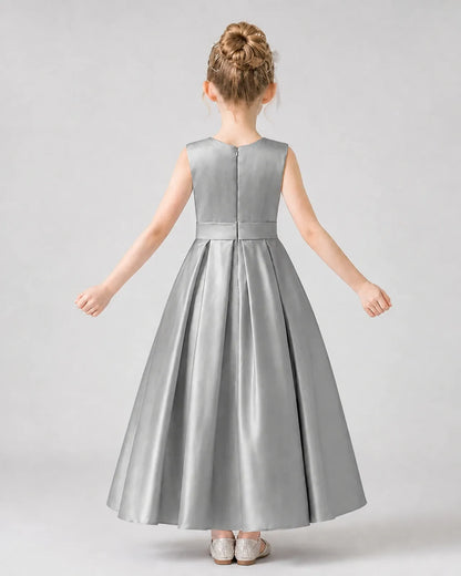 Silver Satin Pleated A-Line Girls Formal Dresses Back View