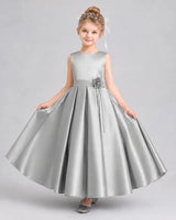Silver Satin A-Line Girls Formal Dresses Front View