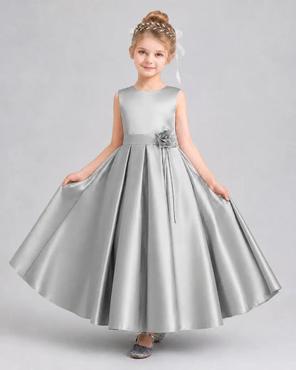 Silver Satin A-Line Girls Formal Dresses Front View
