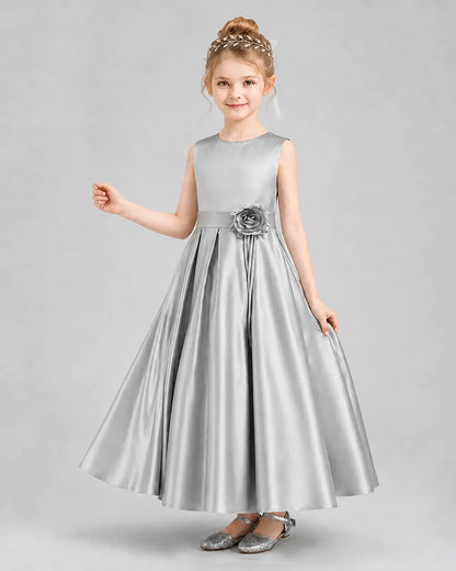 Silver Satin A-Line Girls Formal Dresses Front View