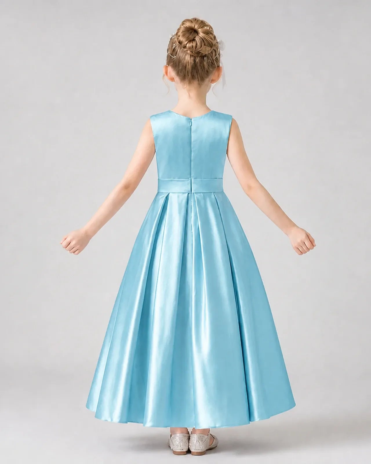 Sky Blue Satin A-Line Girls Formal Dresses Back View