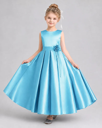 Sky Blue Satin A-Line Girls Formal Dresses Front View