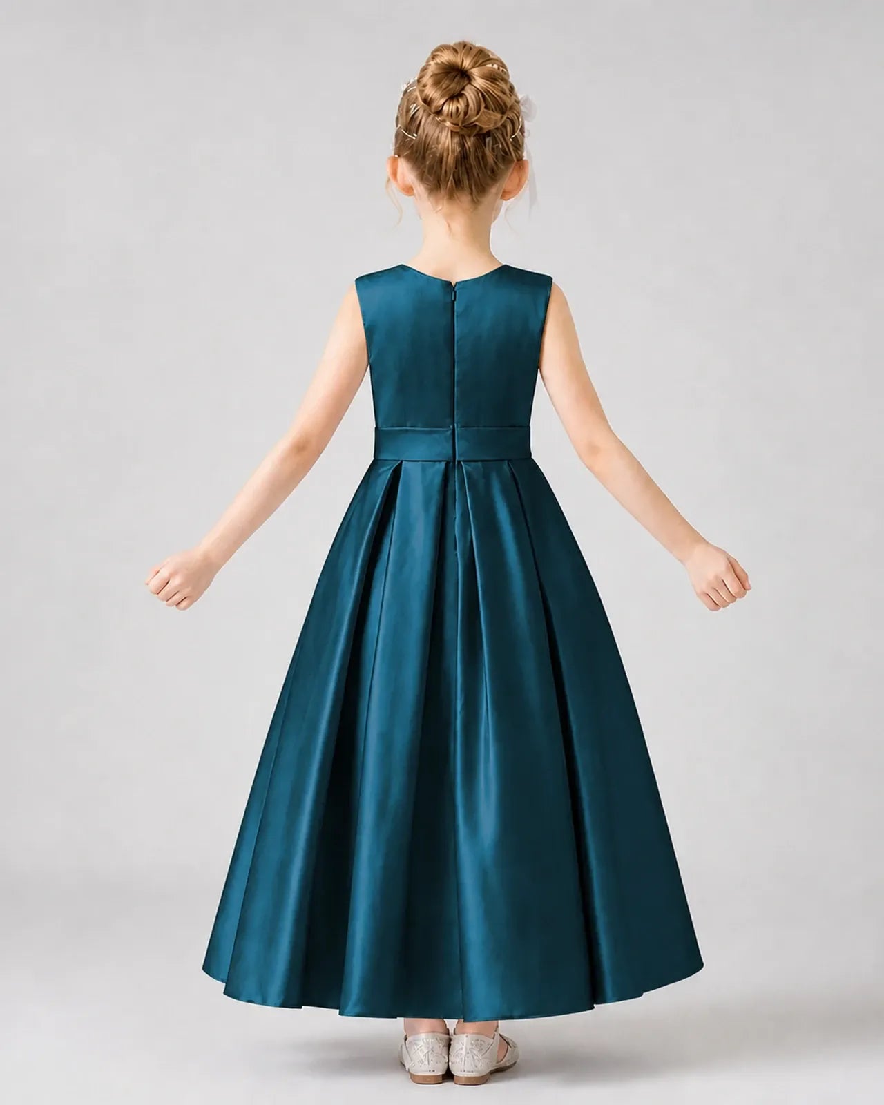 Teal Satin Pleated A-Line Girls Formal Dresses Back View