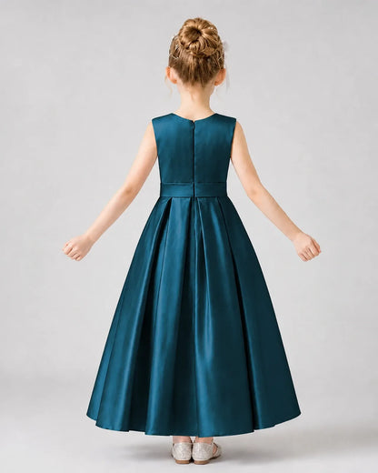 Teal Satin Pleated A-Line Girls Formal Dresses Back View