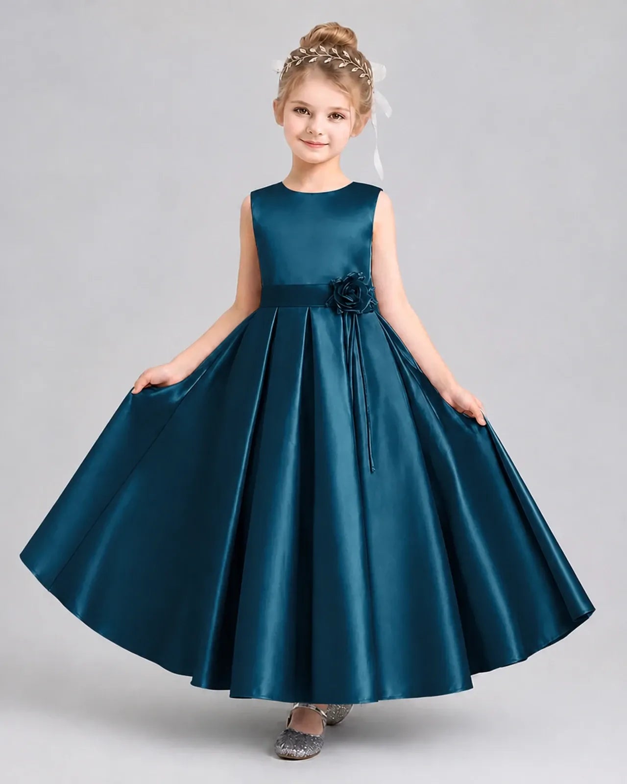 Teal Satin Pleated A-Line Girls Formal Dresses Front View