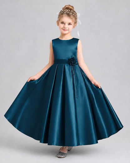Teal Satin Pleated A-Line Girls Formal Dresses Front View