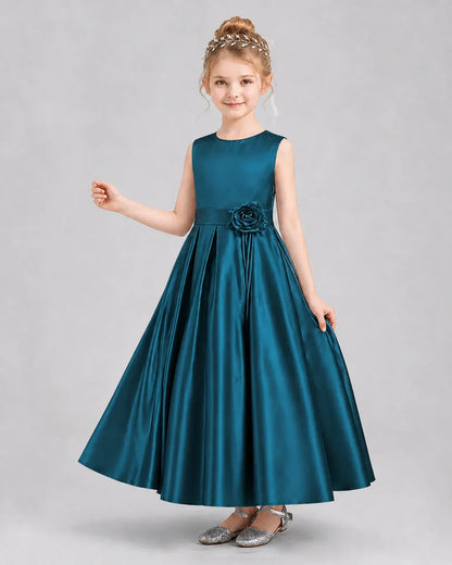 Teal Satin A-Line Girls Formal Dresses