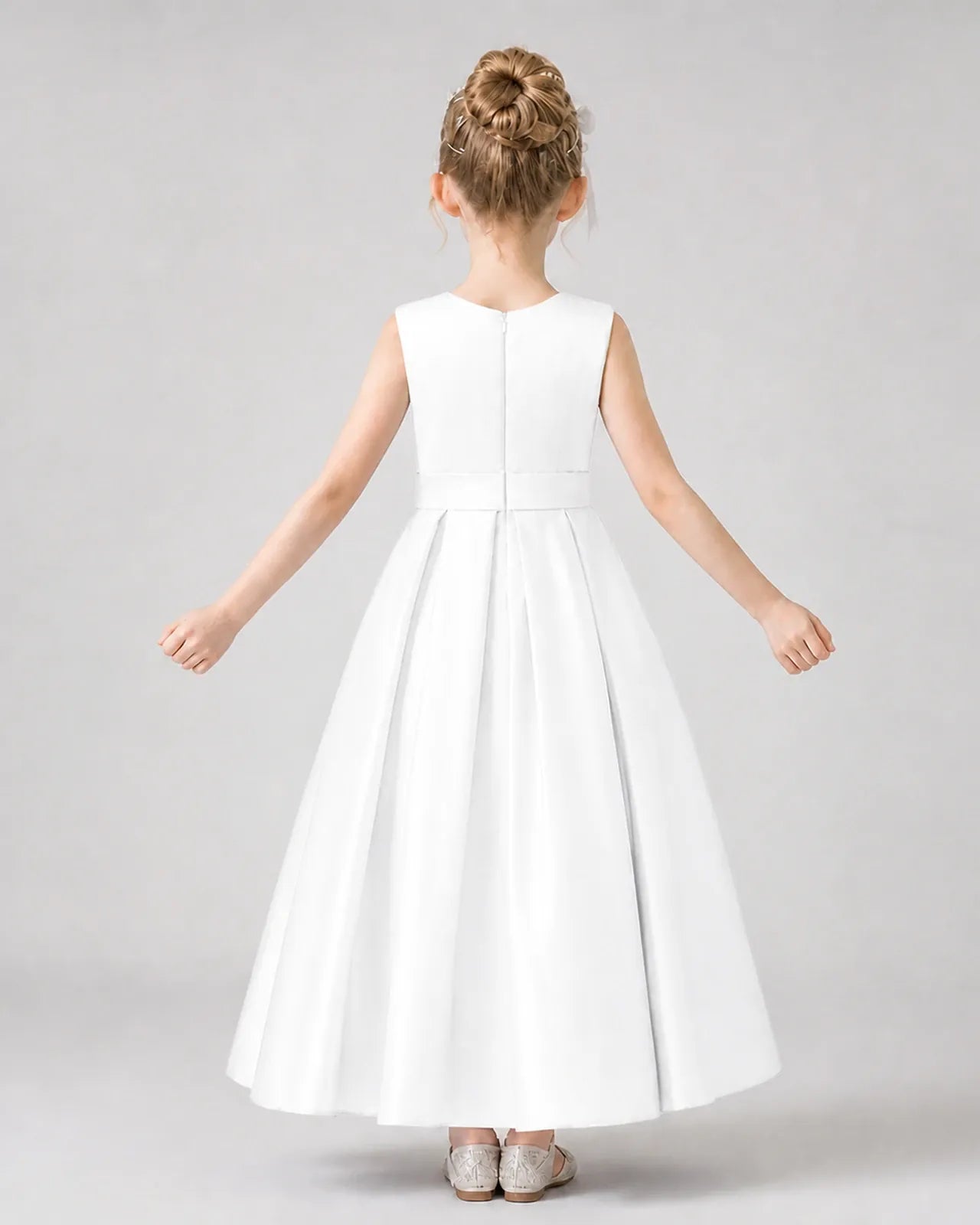 White Satin A-Line Girls Formal Dresses Back View