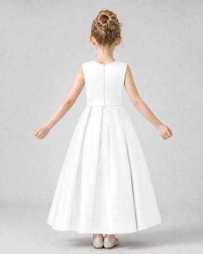 White Satin A-Line Girls Formal Dresses Back View