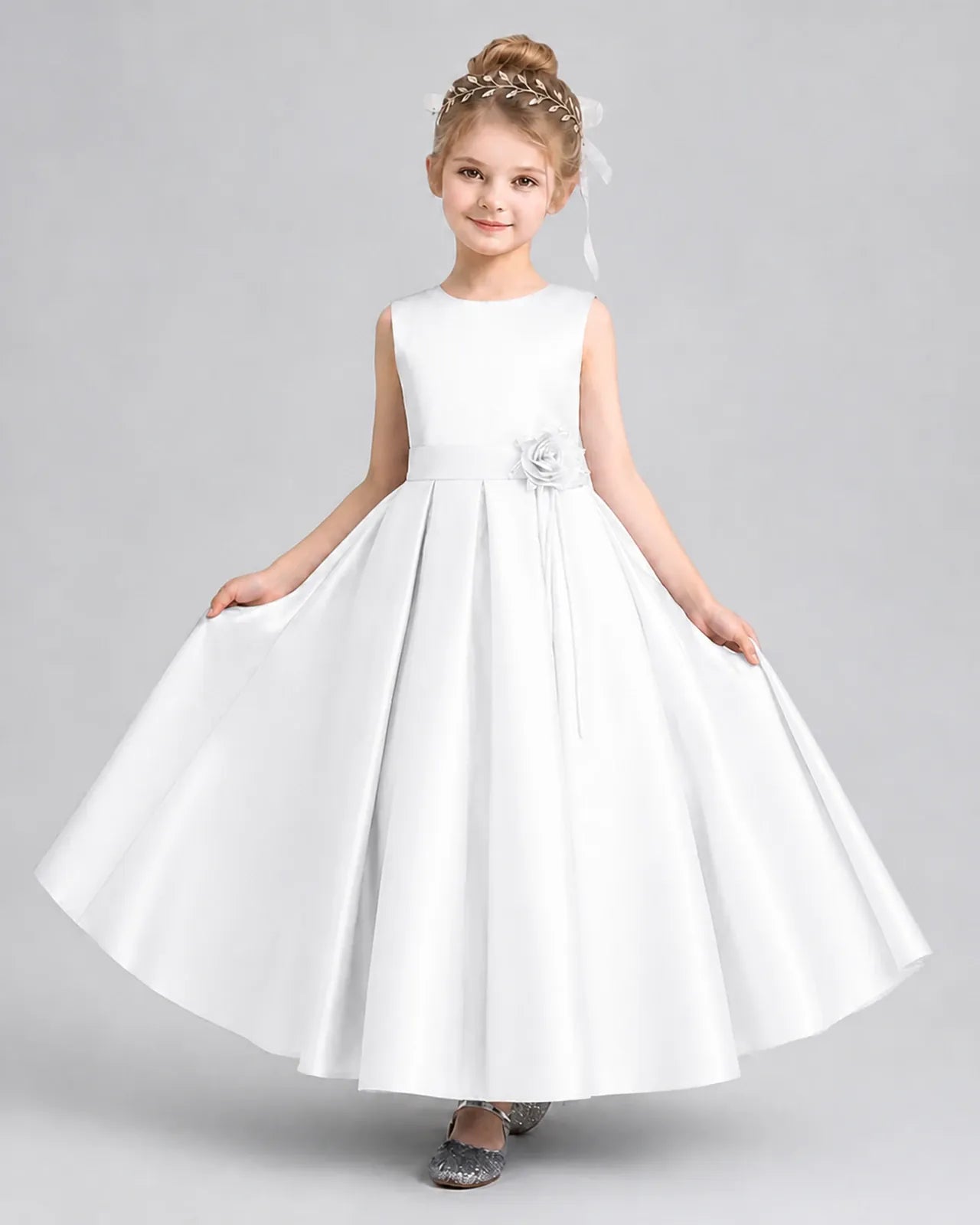 White Satin Pleated A-Line Girls Formal Dresses Front View