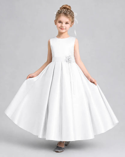 White Satin Pleated A-Line Girls Formal Dresses Front View