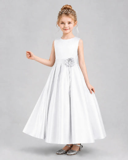 White satin sleeveless A-line girls formal dress