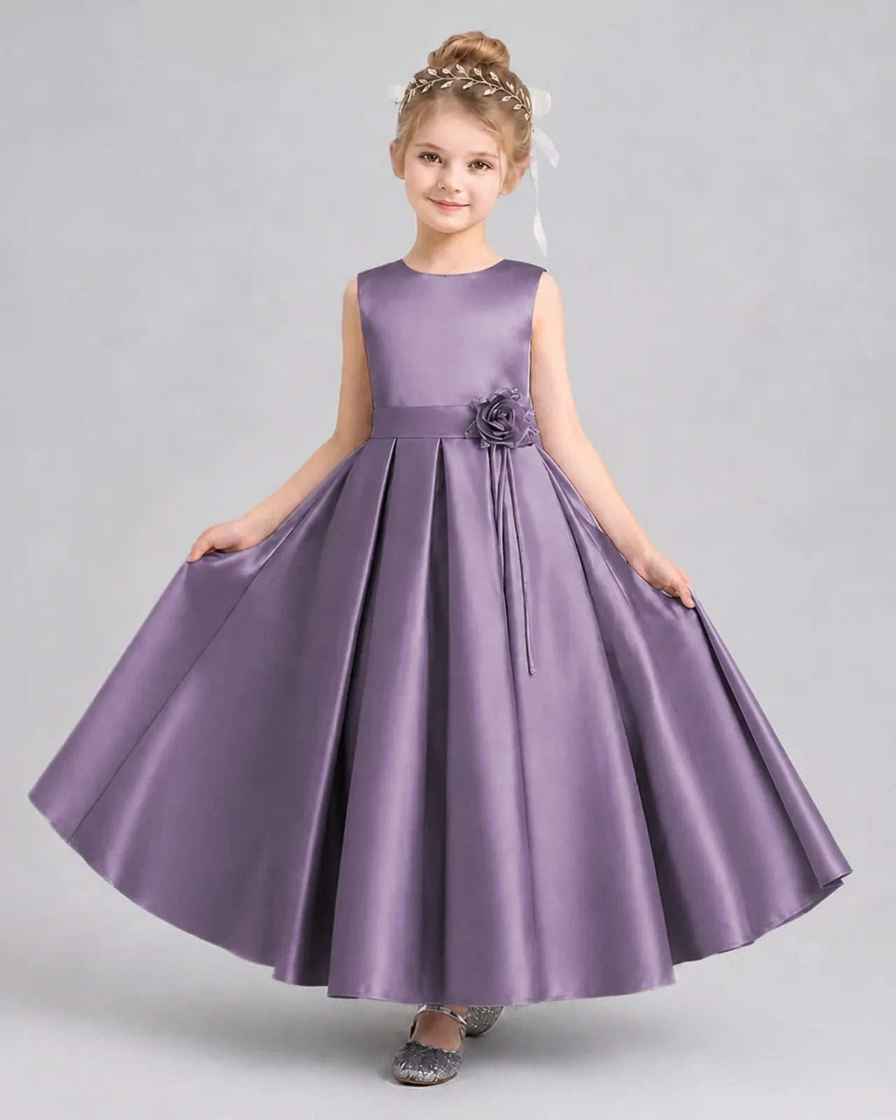 Wisteria satin A-line girls formal dresses front view