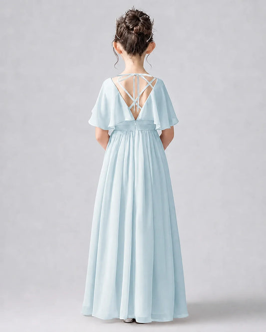 Baby Blue Chiffon A-line Junior Bridesmaid Dress Back View