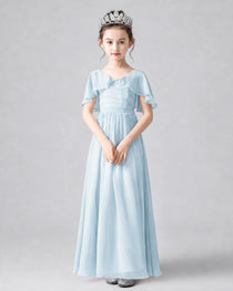 Dideyttawl Junior Bridesmaid Dress with Flutter Sleeves and Chiffon Pleated Skirt