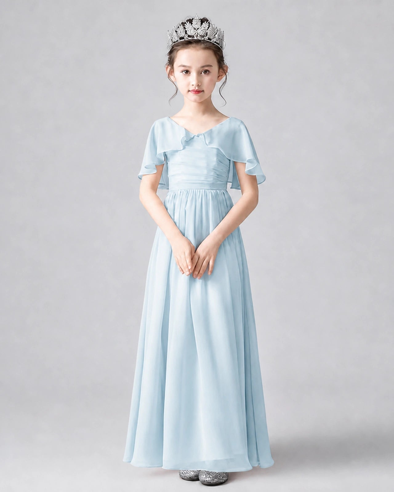Dideyttawl Junior Bridesmaid Dress with Flutter Sleeves and Chiffon Pleated Skirt