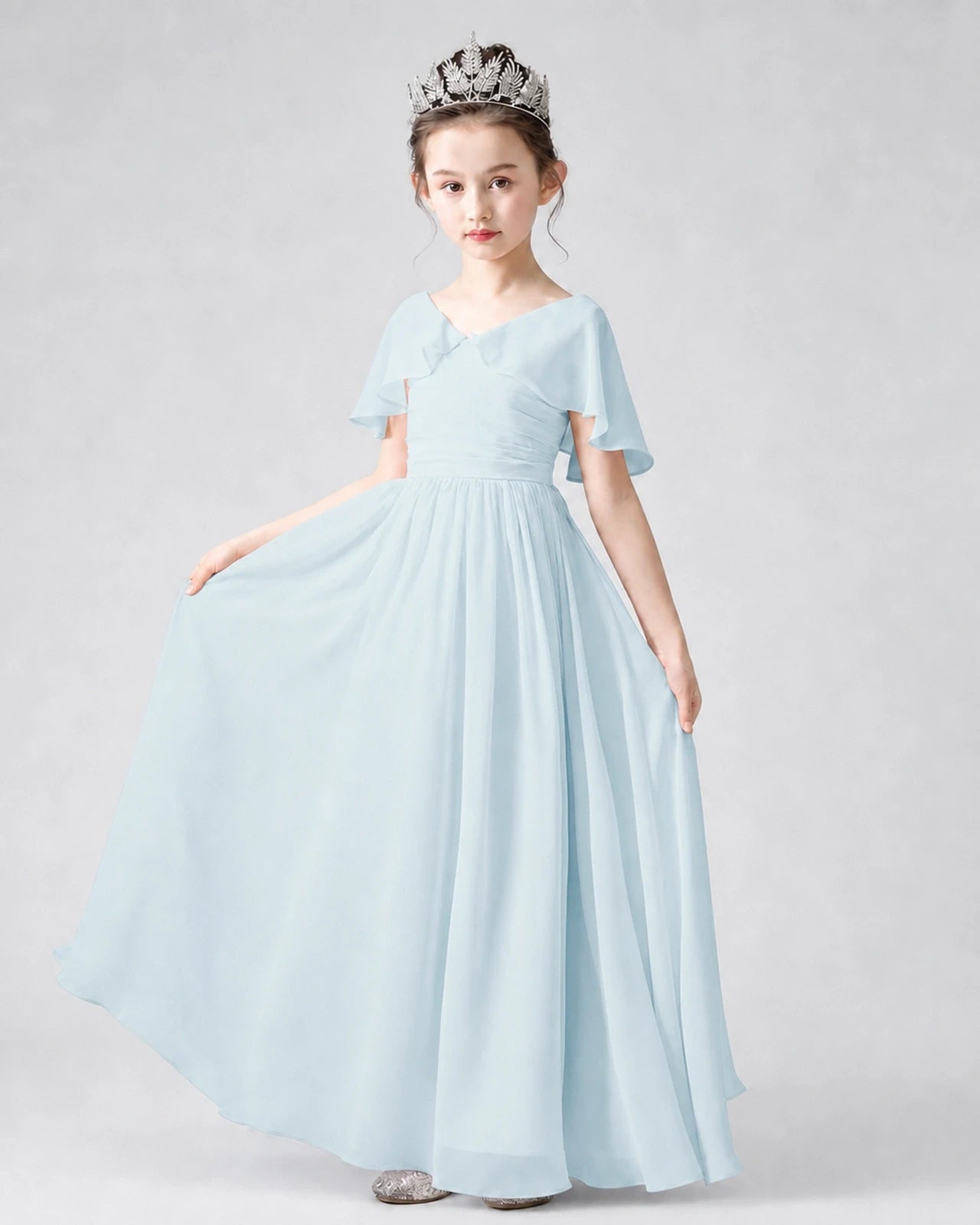 Dideyttawl Junior Bridesmaid Dress with Flutter Sleeves and Chiffon Pleated Skirt Main image