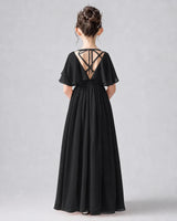 Black Chiffon A-line Junior Bridesmaid Dress Back View