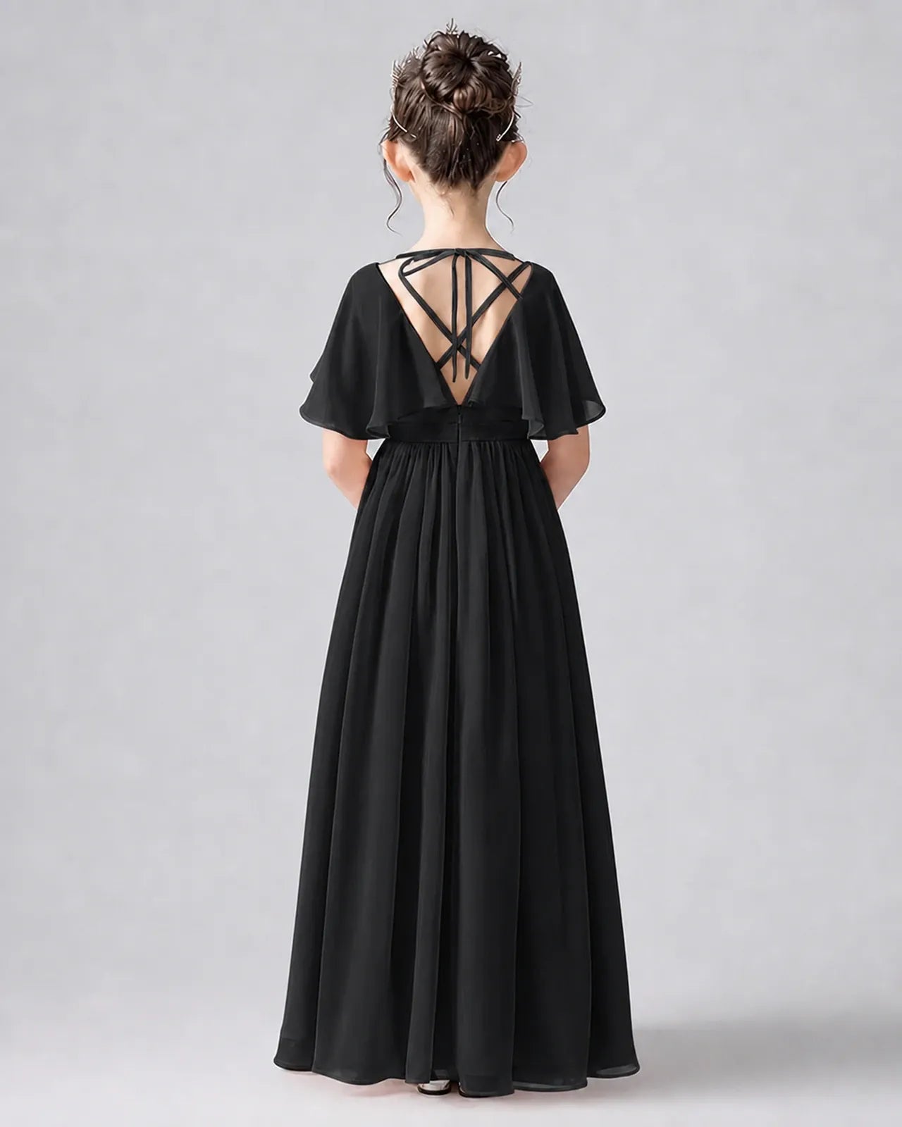 Black Chiffon A-line Junior Bridesmaid Dress Back View