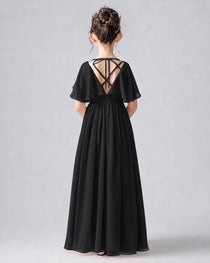 Dideyttawl Junior Bridesmaid Dress with Flutter Sleeves and Chiffon Pleated Skirt