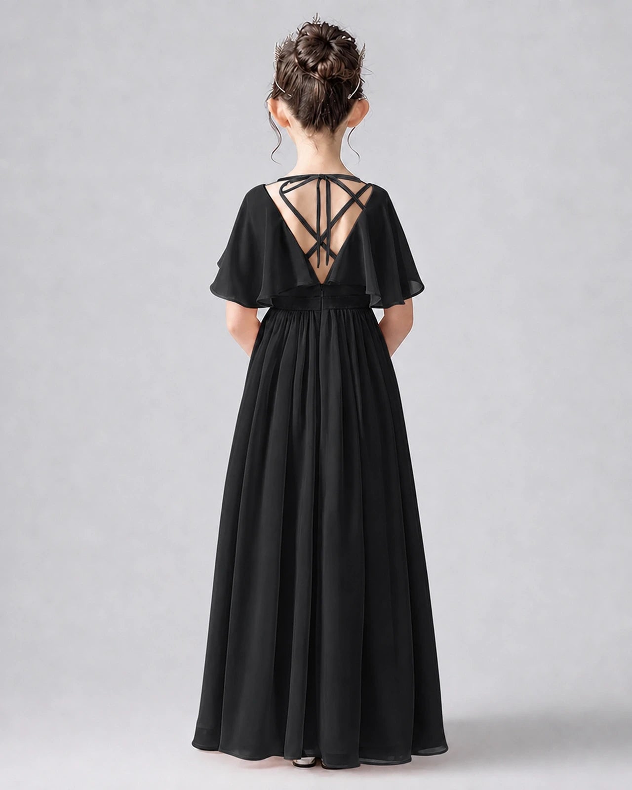 Dideyttawl Junior Bridesmaid Dress with Flutter Sleeves and Chiffon Pleated Skirt
