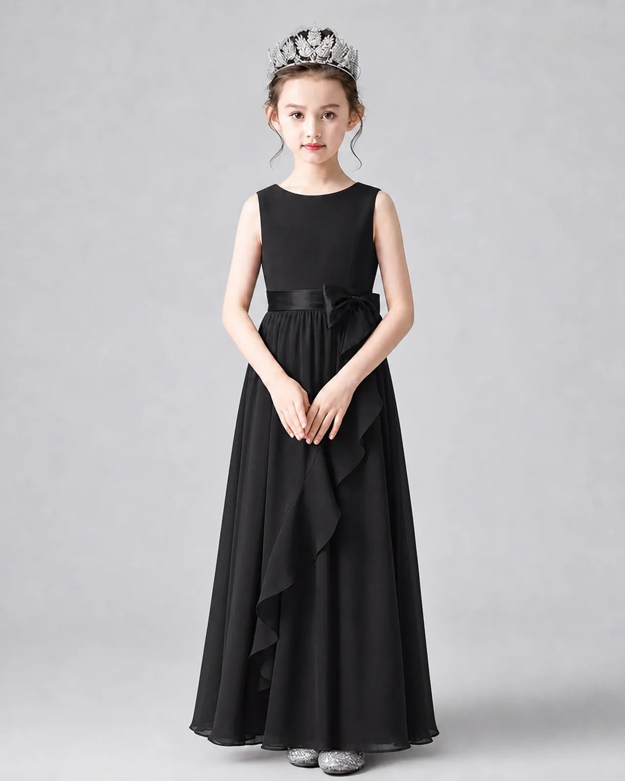 Black Chiffon A-line Junior Bridesmaid Dress Front View