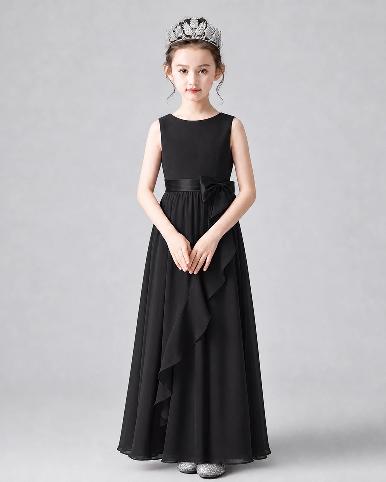 Dideyttawl Junior Bridesmaid Dress with Flutter Sleeves and Chiffon Pleated Skirt