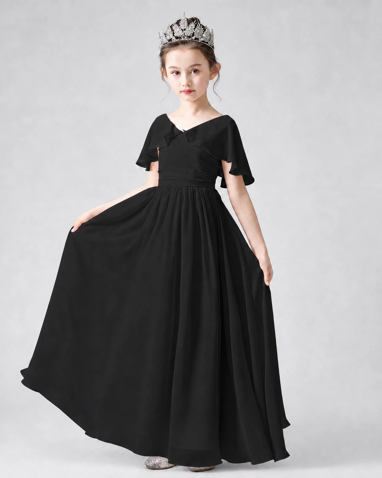 Dideyttawl Junior Bridesmaid Dress with Flutter Sleeves and Chiffon Pleated Skirt