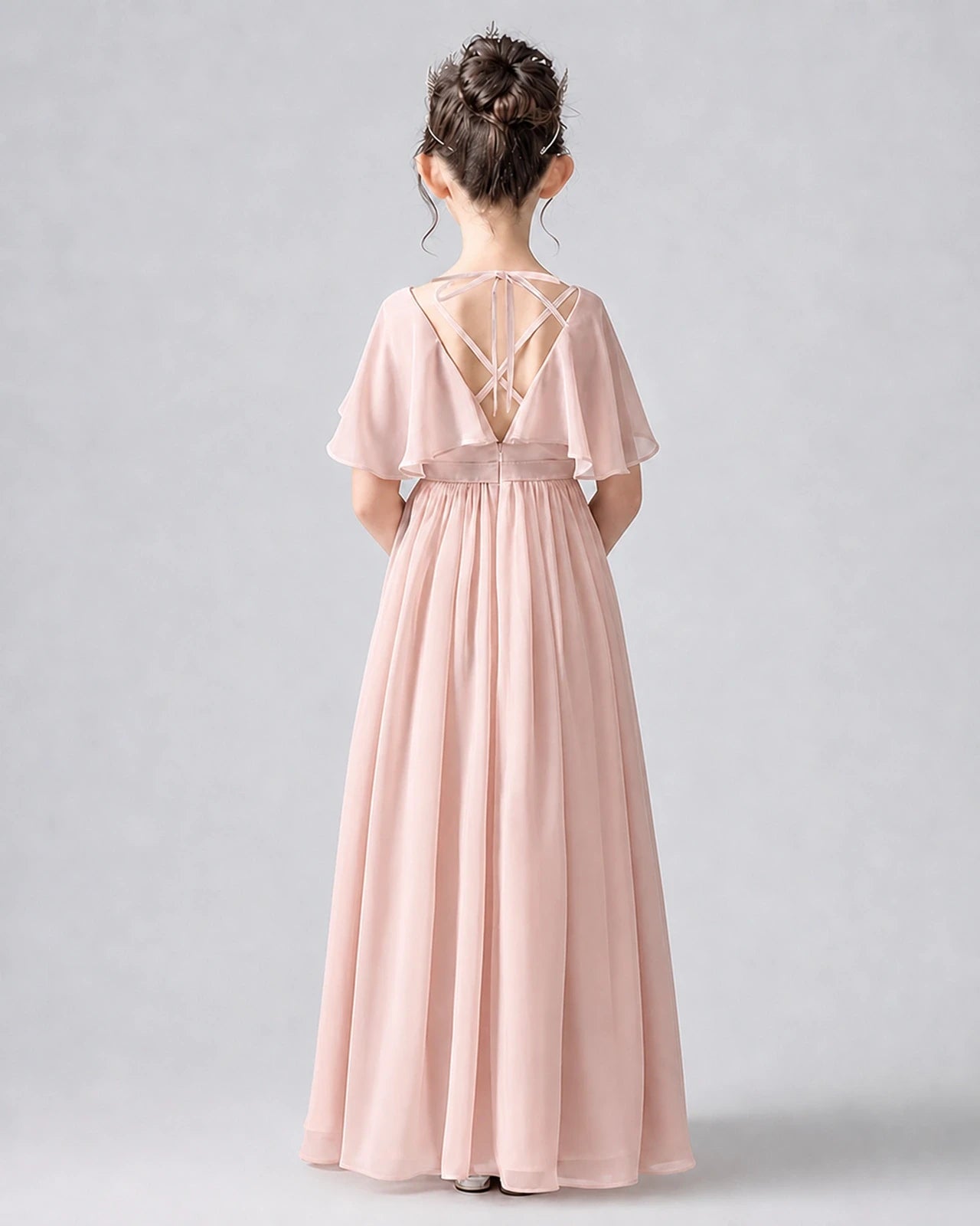 Dideyttawl Junior Bridesmaid Dress with Flutter Sleeves and Chiffon Pleated Skirt