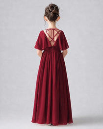 Dideyttawl Junior Bridesmaid Dress with Flutter Sleeves and Chiffon Pleated Skirt