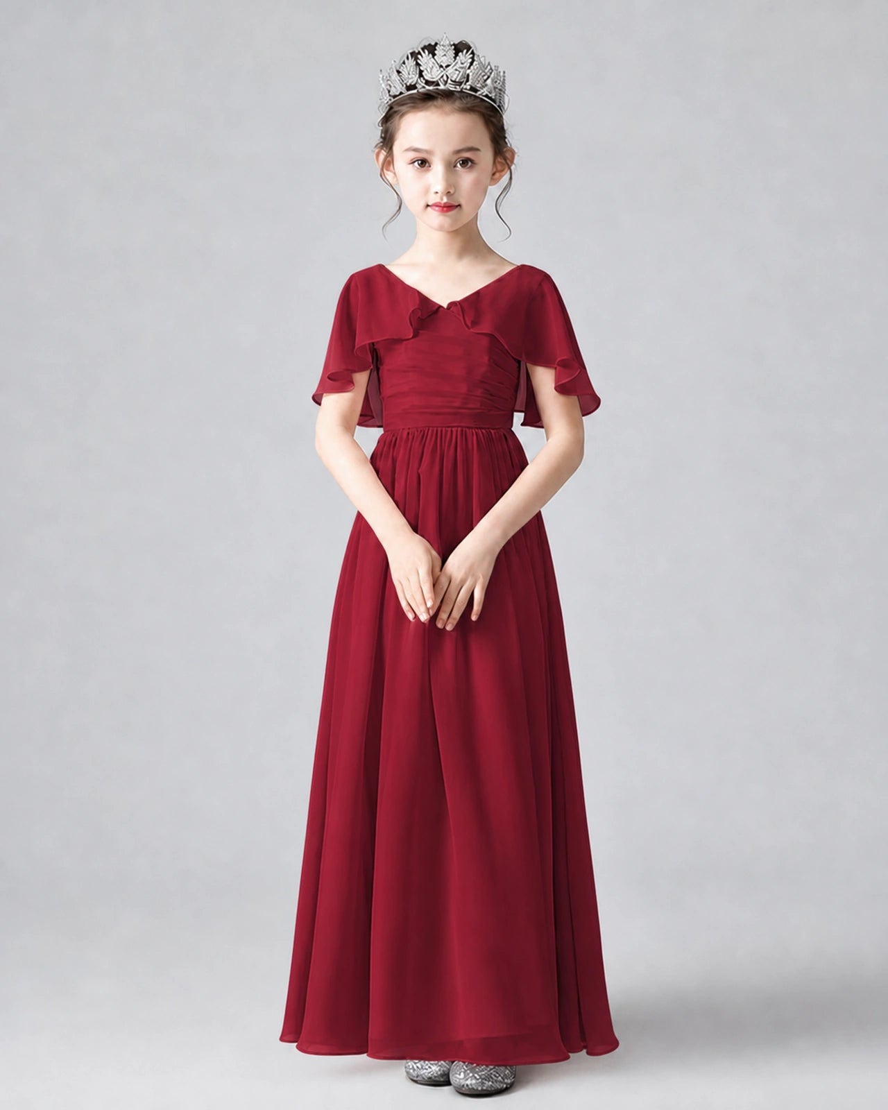 Dideyttawl Junior Bridesmaid Dress with Flutter Sleeves and Chiffon Pleated Skirt