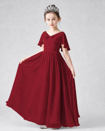 Dideyttawl Junior Bridesmaid Dress with Flutter Sleeves and Chiffon Pleated Skirt
